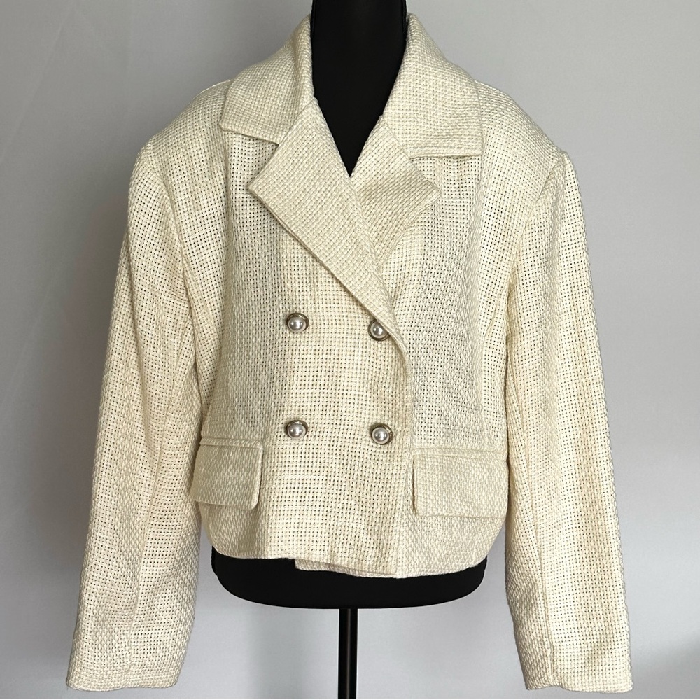Storets Cream Double-Breasted Tweed Blazer